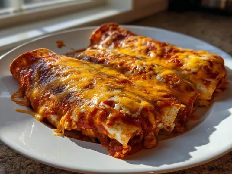 Three baked easy chicken enchiladas covered in red sauce and melted cheddar cheese on a white plate.