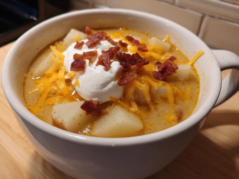 A close-up of a hearty bowl of easy crockpot potato soup topped with sour cream, shredded cheddar cheese, and bacon bits.