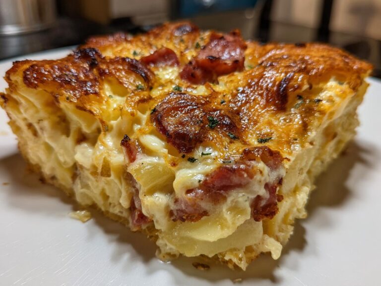 Close-up of a thick slice of baked pierogi casserole featuring layers of pasta, creamy sauce, and crispy bacon on top.