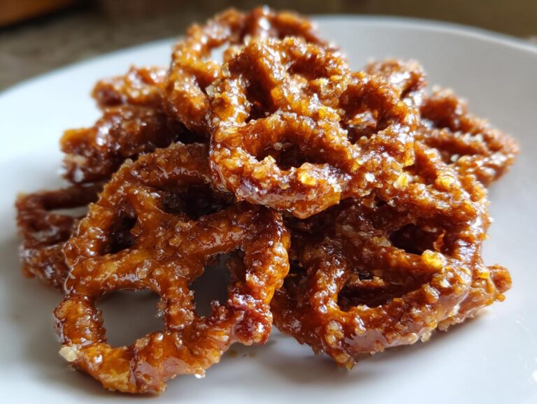 A close-up shot of several crunchy, glazed toffee pretzels piled on a white plate, glistening with caramel coating.