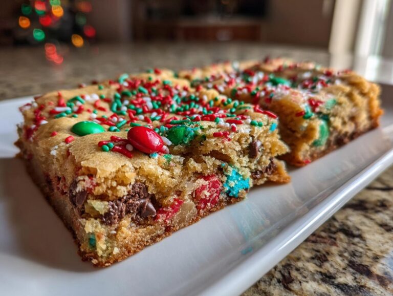 Close-up of chewy christmas cookie bars topped with red, green, and white sprinkles and M&Ms on a white platter.