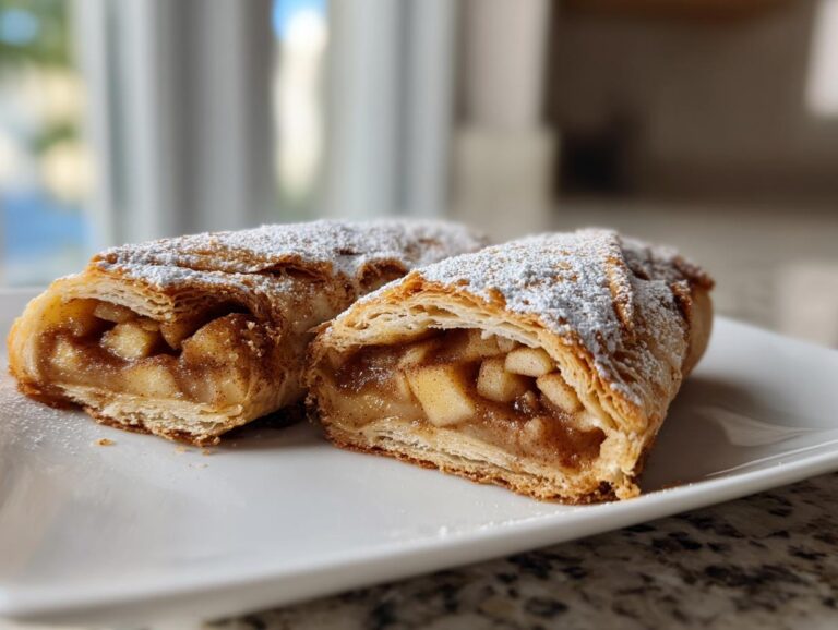 Two slices of flaky, golden apple strudel filled with spiced apples and topped with powdered sugar.