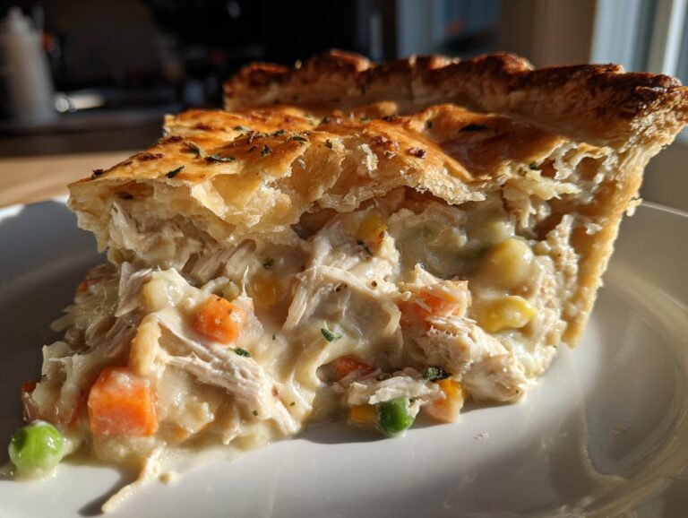 Close-up of a thick slice of turkey pot pie recipe showing flaky crust and creamy filling with turkey, carrots, and peas.