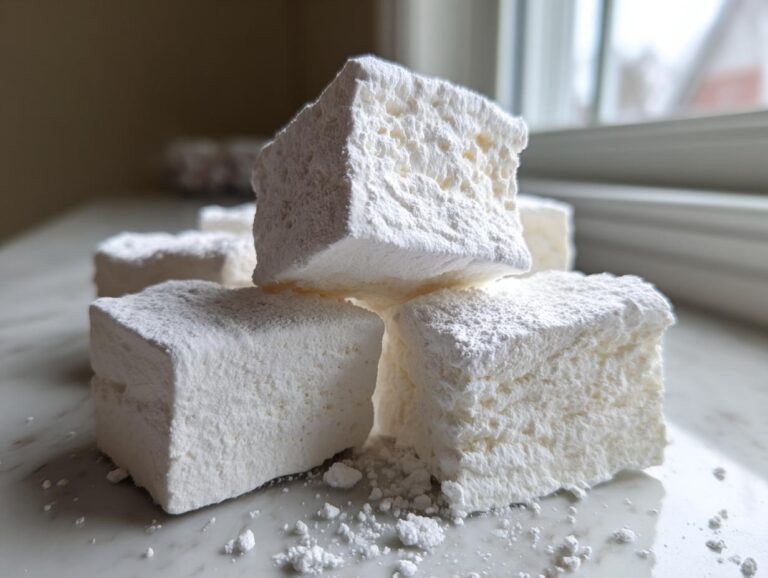 Close-up of several fluffy homemade marshmallows stacked on a white surface, heavily dusted with powdered sugar.