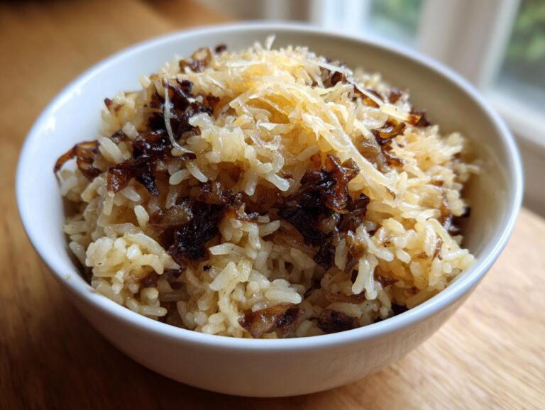 Close-up of a white bowl filled with fluffy french onion butter rice, topped with caramelized onions and shredded cheese.