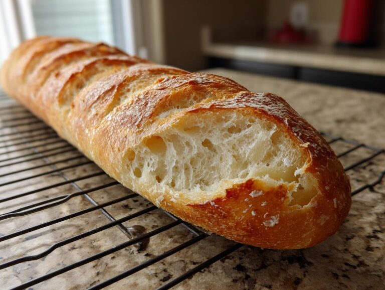 Close-up of a golden-crusted french bread loaf with an open, airy crumb resting on a black cooling rack.