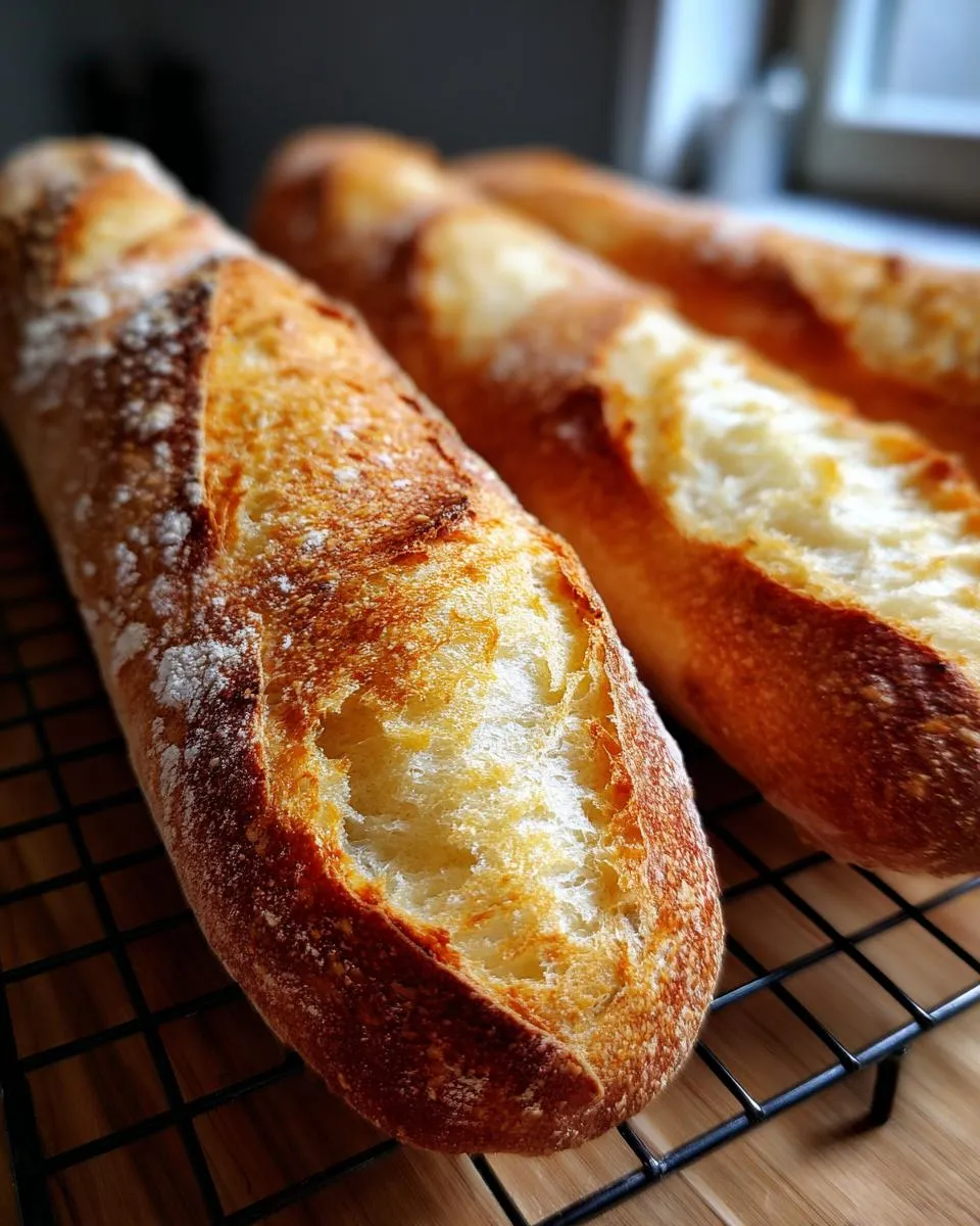 Close-up of three golden-brown, crusty loaves of homemade french bread cooling on a black wire rack.