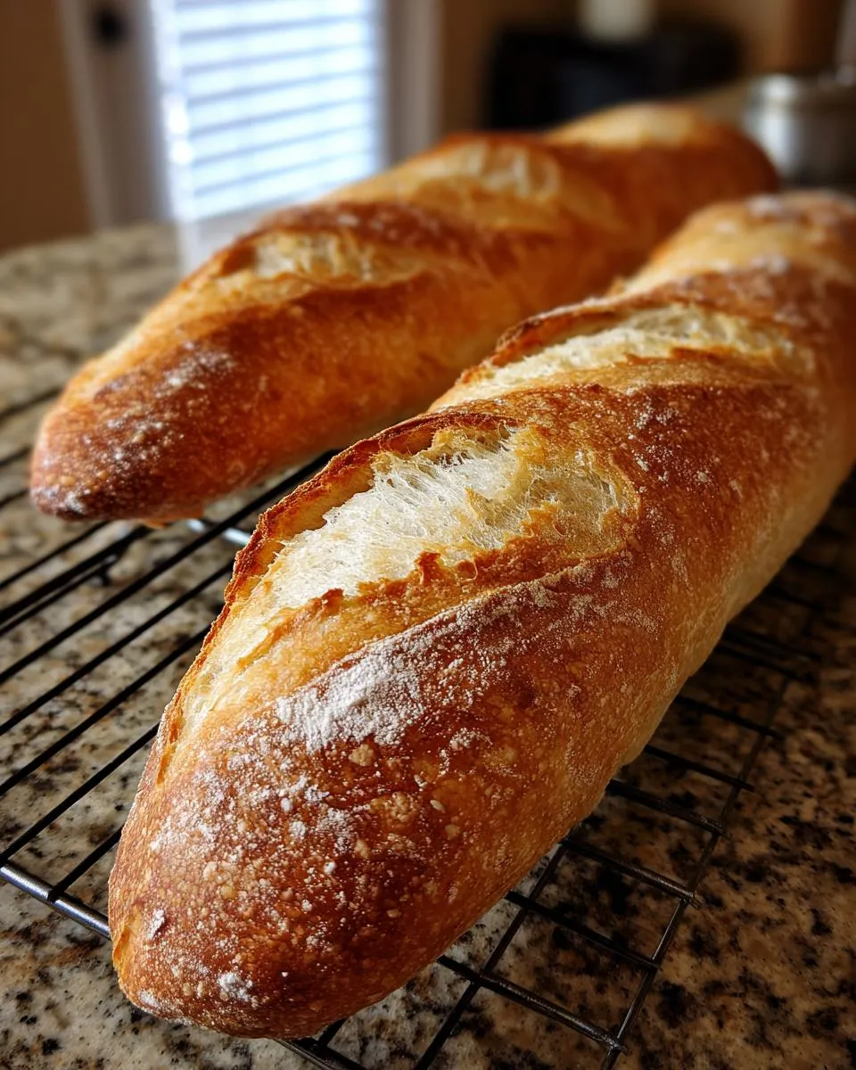 Close-up of two golden-brown, crusty loaves of french bread cooling on a black wire rack.