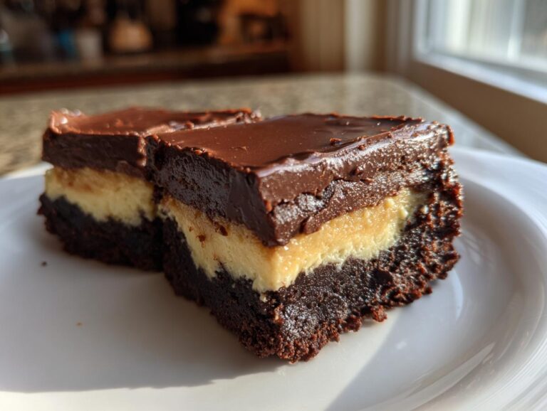 Two squares of fudgy 3-layer buckeye brownies featuring a dark chocolate base, creamy peanut butter center, and glossy chocolate topping.