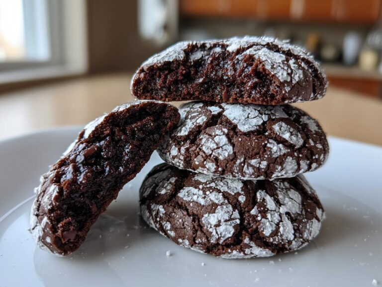A stack of three fudgy crinkle cookies dusted with powdered sugar, with one cookie broken open to show the moist interior.