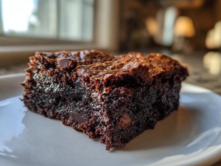 A close-up of a rich, fudgy slice of sweet potato brownies with visible chocolate chips on a white plate.