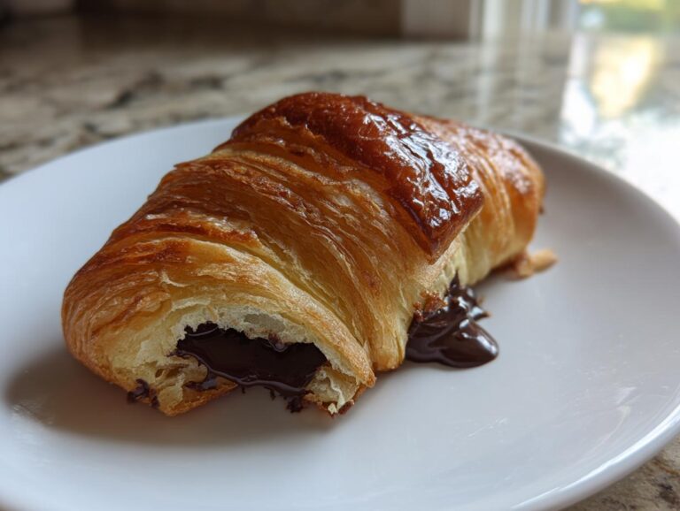 A close-up of a flaky, golden brown chocolate croissant with melted chocolate oozing from the center onto a white plate.