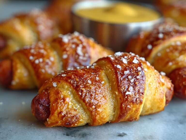 Close-up of freshly baked pretzel dogs wrapped in dough, topped with coarse salt, with mustard dip in the background.