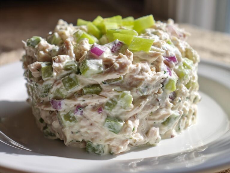 A perfectly molded serving of healthy tuna salad featuring visible chunks of celery and red onion.
