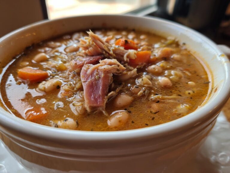 Close-up of a white bowl filled with rich, flavorful 15 bean soup, featuring white beans, carrots, and shredded ham.