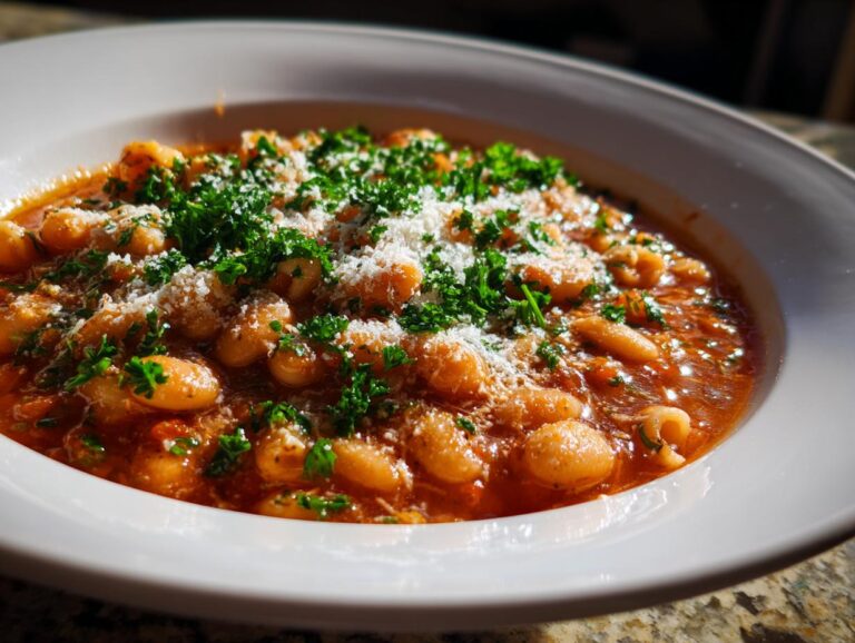 Close-up of a rich, tomato-based pasta fagioli soup, loaded with white beans and topped with grated Parmesan cheese and fresh parsley.