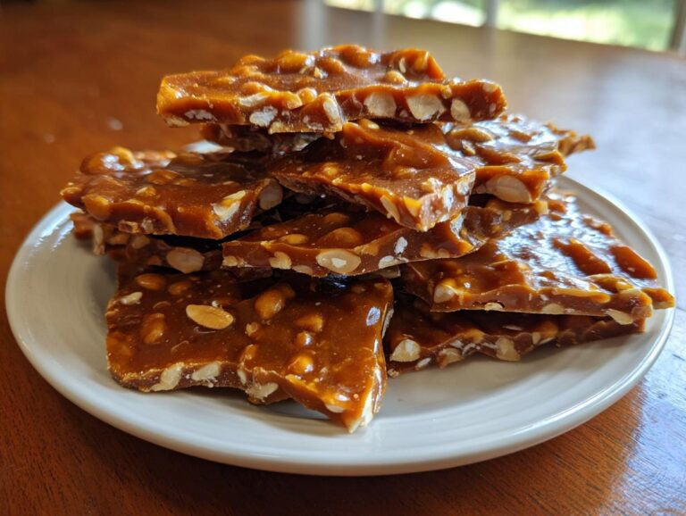 A stack of freshly broken, golden-brown pieces of homemade peanut brittle recipe piled on a white plate.