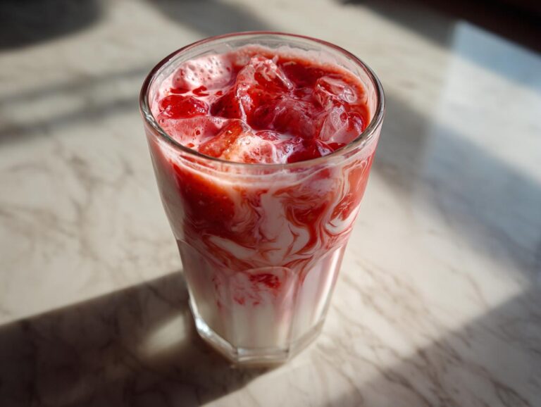 Close-up of a tall glass filled with iced strawberry milk, showing vibrant red strawberry syrup swirling into the white milk.