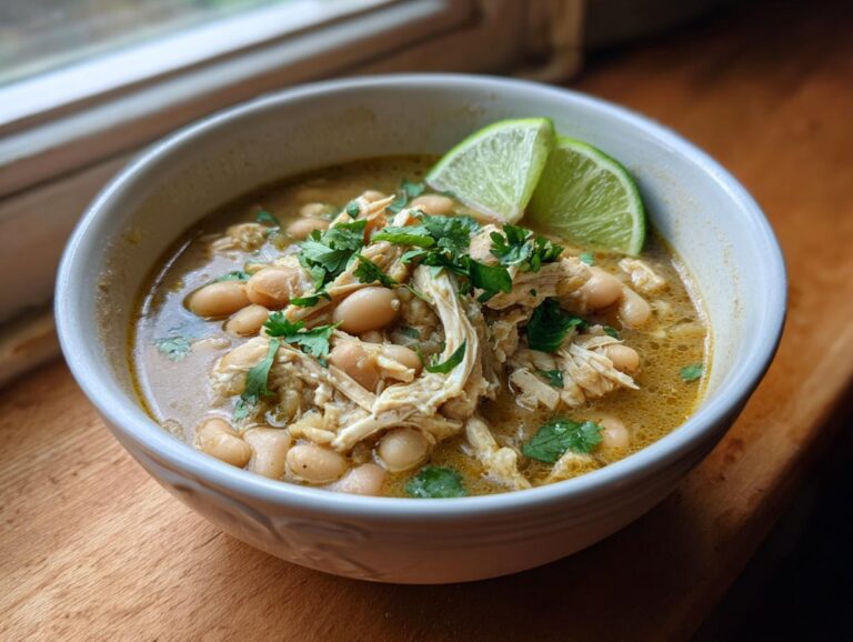 A close-up of a bowl filled with rich Instant Pot White Chicken Chili, shredded chicken, white beans, and topped with cilantro and lime wedges.