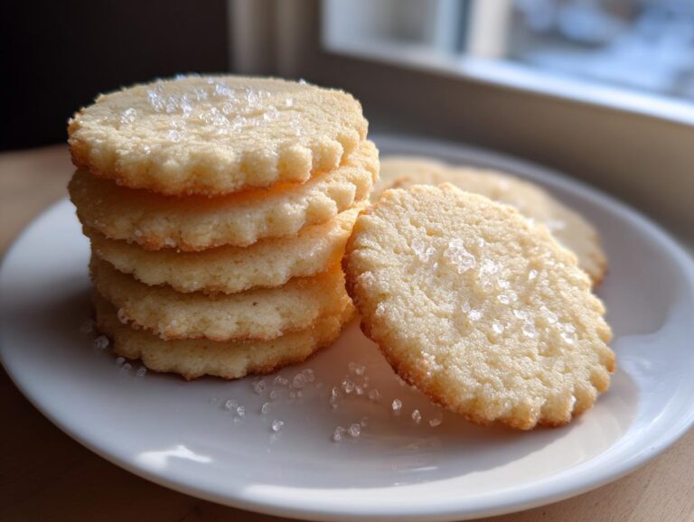 A stack of golden Italian butter cookies topped with sparkling coarse sugar crystals on a white plate.