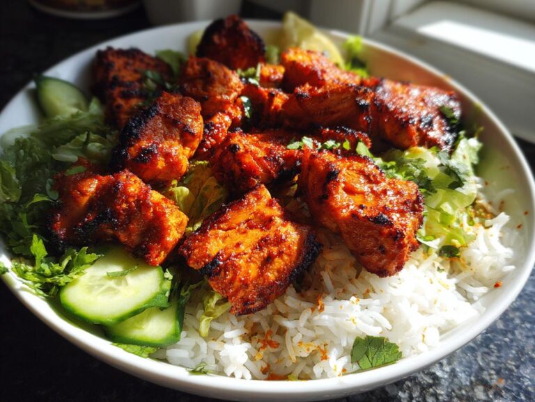 Close-up of bright orange, charred harissa chicken pieces served over white rice with cucumber slices and lettuce.
