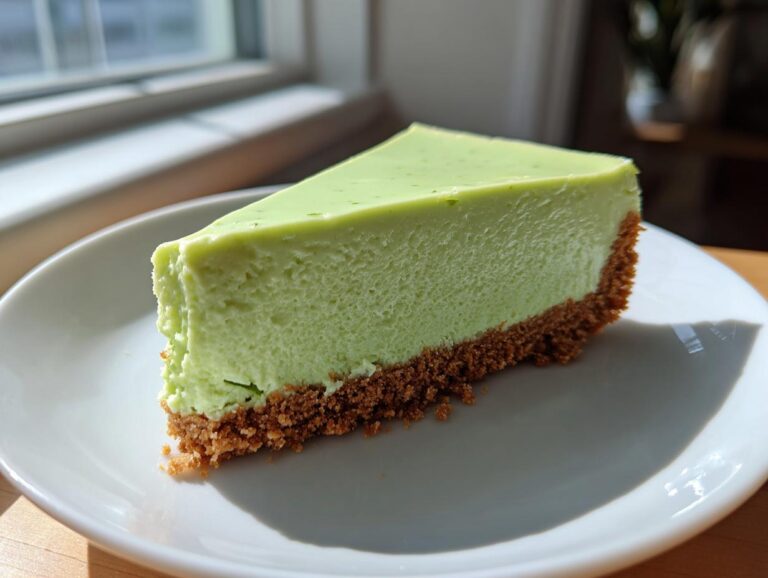 A perfect slice of vibrant green key lime cheesecake with a thick graham cracker crust, sitting on a white plate.