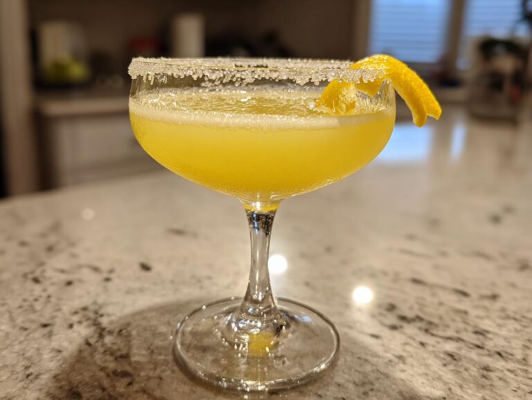 A chilled, bright yellow lemon drop martini in a coupe glass with a thick sugar rim and lemon twist garnish.