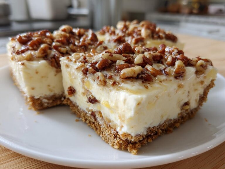 Close-up of two creamy slices of no-bake Million Dollar Pie with a thick graham cracker crust and pecan topping.