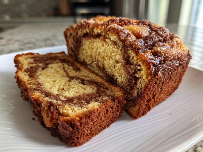 Close-up of a moist cinnamon bread loaf, sliced to show the rich brown cinnamon swirl inside the golden crumb.
