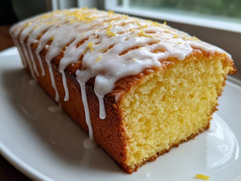 A moist, golden yellow lemon loaf drizzled with white icing and topped with lemon zest.