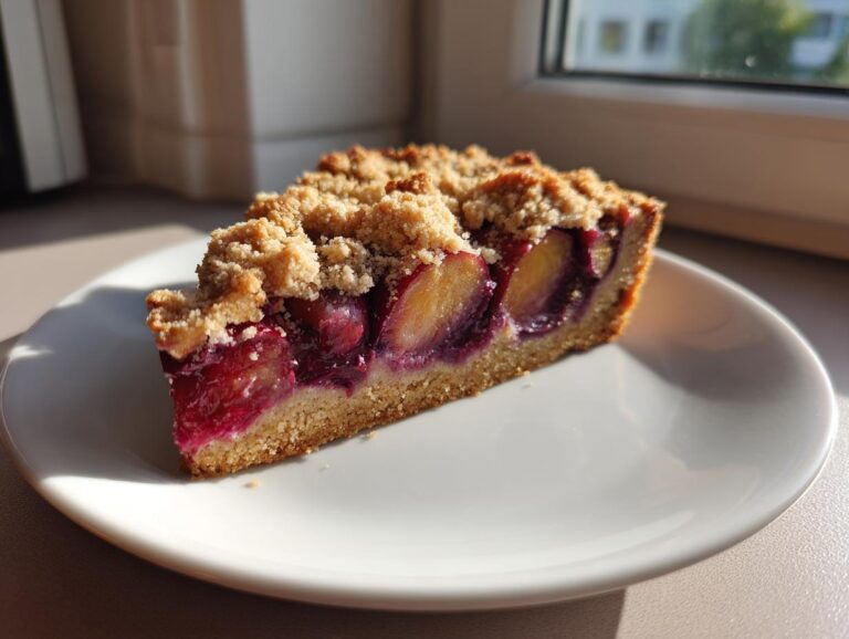 A close-up of a moist slice of plum cake with a generous crumb topping, served on a white plate.