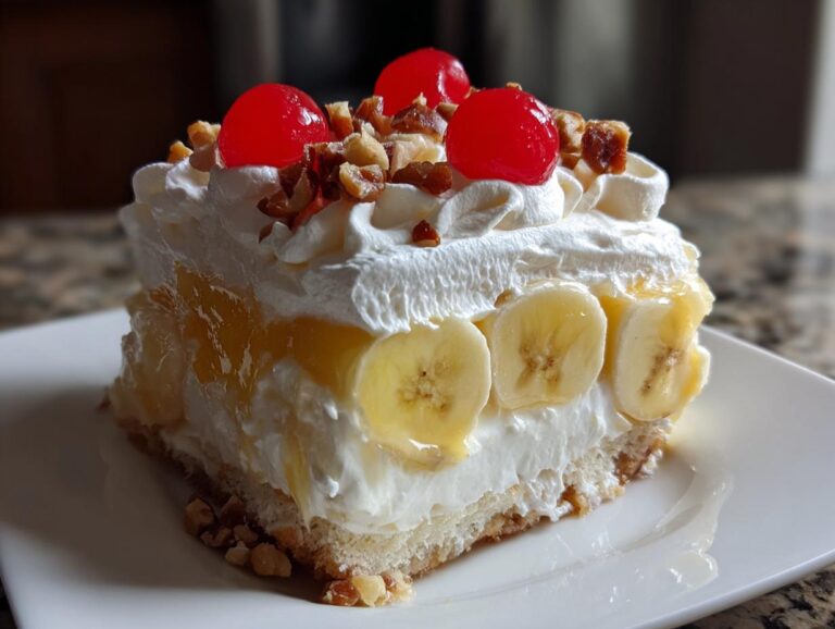 A decadent slice of no-bake banana split cake topped with whipped cream, pecans, and maraschino cherries.
