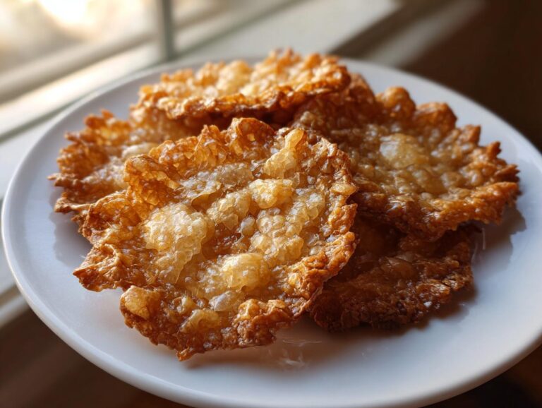 A stack of delicate, golden brown oatmeal lace cookies with a shiny, crisp texture, presented on a white plate.