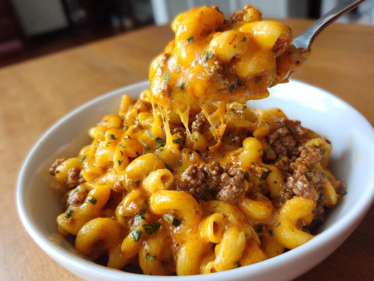 A fork lifts a cheesy, meaty portion of delicious taco pasta out of a white bowl.