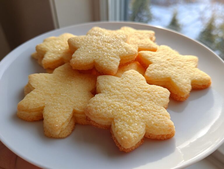 A stack of golden, star-shaped sugar cookie cutouts sprinkled with sugar, resting on a white plate.