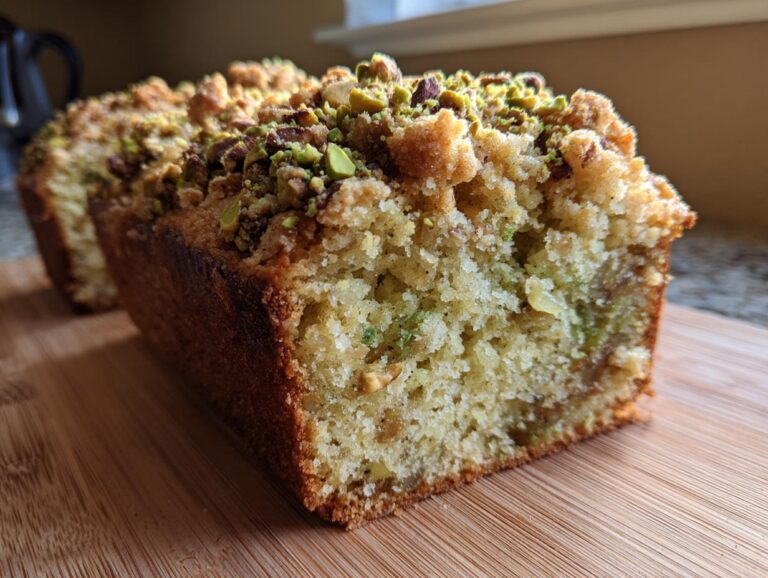 Close-up of a slice of moist pistachio coffee cake showing the crumb texture and generous pistachio topping.