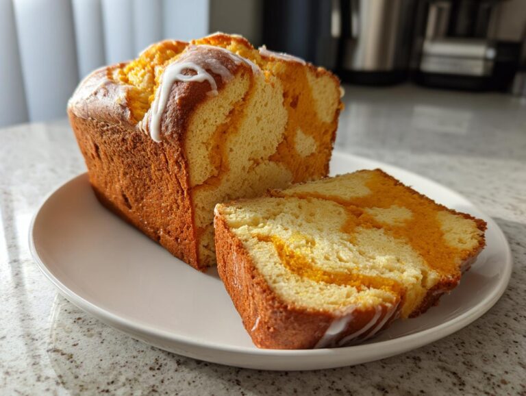 A loaf of pumpkin cream cheese bread, partially sliced, showing the orange and yellow swirl pattern inside, topped with white icing.
