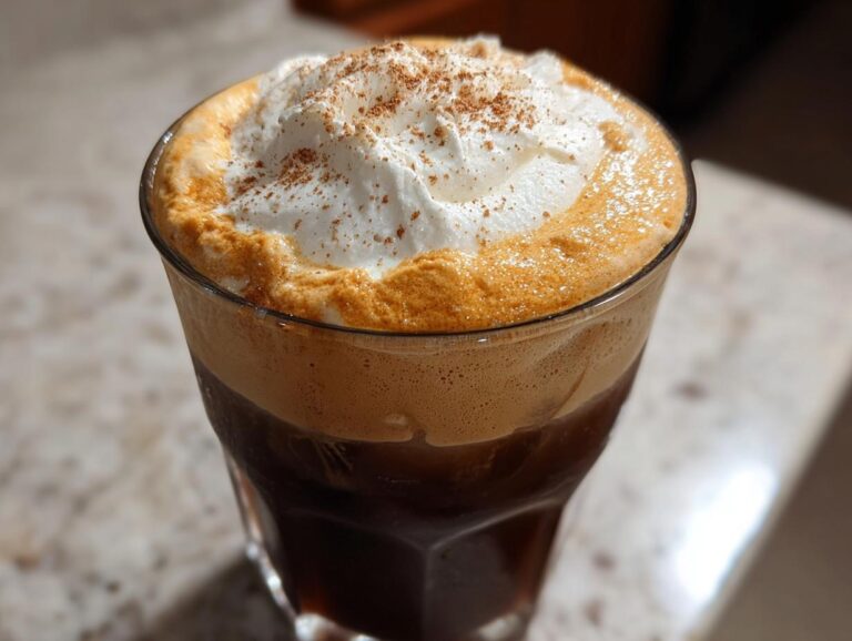 A close-up of a glass filled with pumpkin cream cold brew, topped with whipped cream and a dusting of spice.