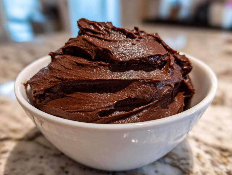 A close-up of rich, dark chocolate frosting swirled high in a small white bowl.