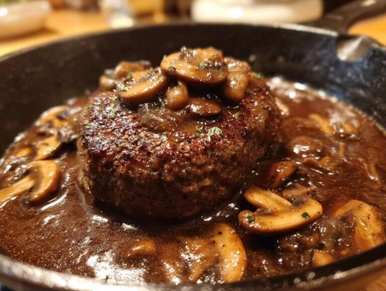 Close-up of a perfectly seared Salisbury steak smothered in rich brown mushroom gravy, served in a cast-iron skillet.