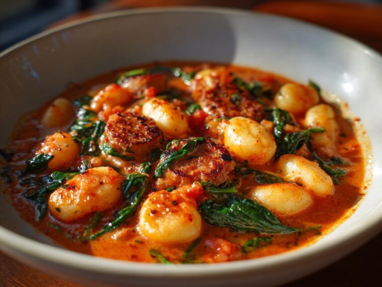 Close-up of a creamy, reddish broth featuring plump gnocchi, browned sausage slices, and wilted spinach in a white bowl.