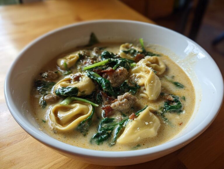 A close-up of a white bowl filled with creamy sausage tortellini soup, featuring pasta, crumbled sausage, and wilted spinach.