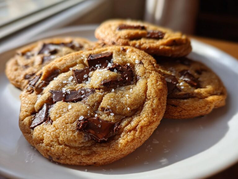 Close-up of a perfectly baked chocolate chip cookie sprinkled with flaky sea salt, sitting on a white plate.
