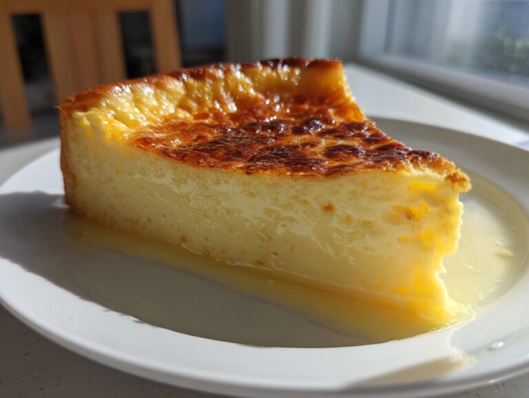 A thick, creamy slice of baked egg custard with a deeply caramelized top, sitting in a pool of sauce on a white plate.