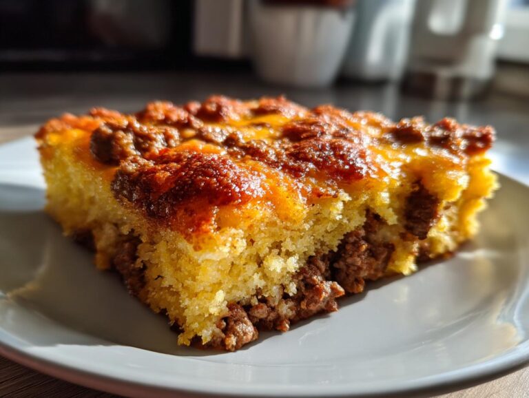 A close-up slice of rich sloppy joe cornbread casserole featuring a golden cornbread base and savory meat topping.