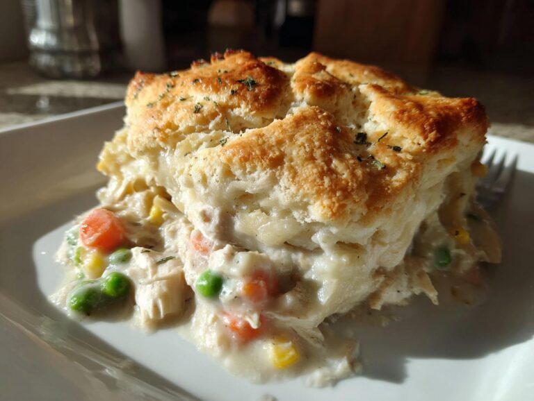 A generous serving of slow cooker chicken pot pie featuring creamy filling with chicken and vegetables under a golden biscuit topping.