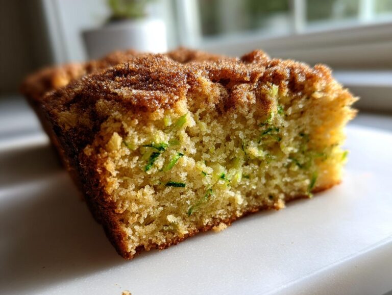 A close-up cross-section of moist snickerdoodle zucchini bread showing green shreds of zucchini and a sugary cinnamon topping.