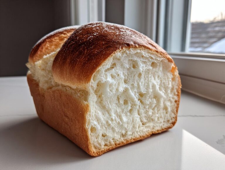 Cross section of a freshly baked Japanese milk bread loaf showing its incredibly soft, fluffy white interior and golden crust.