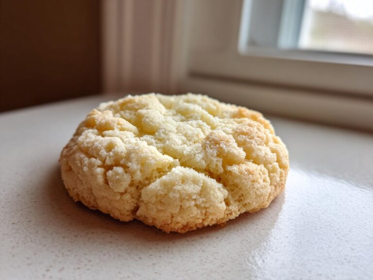A single, round, pale yellow soft sugar cookie with a heavily textured, crumbly top sitting on a light countertop near a window.