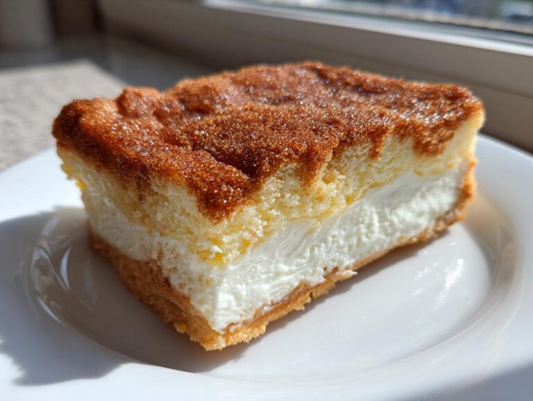 A close-up of a thick slice of sopapilla cheesecake showing the creamy white filling and cinnamon-sugar crust.